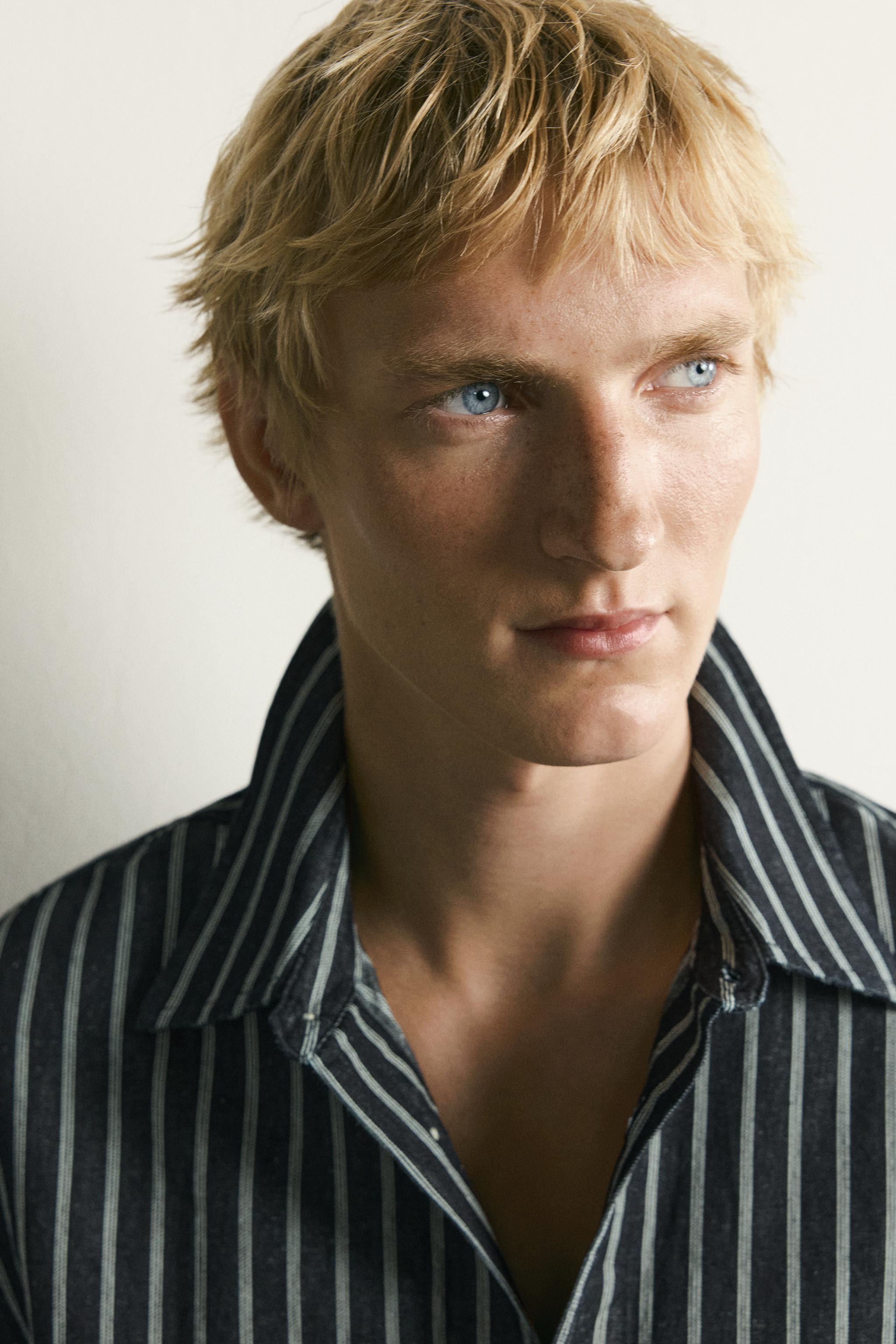STRIPED COTTON-LINEN DENIM SHIRT